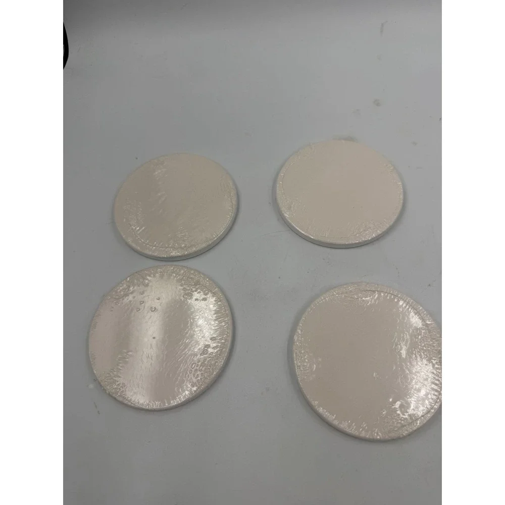 Set Of 4 Sealed Ceramic White Disc Coasters 3.5in Rounds 1/4